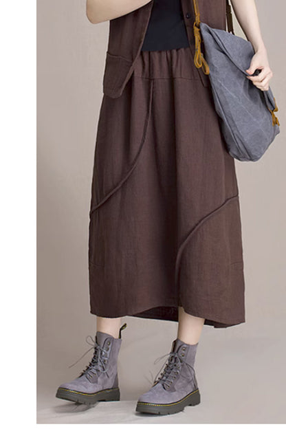 Brown Linen Midi Skirt - Bubble Silhouette with Pockets 4363