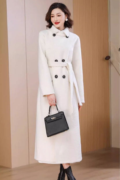 White Wool Long Coat - Belted Waist, Button Front Closure 4711