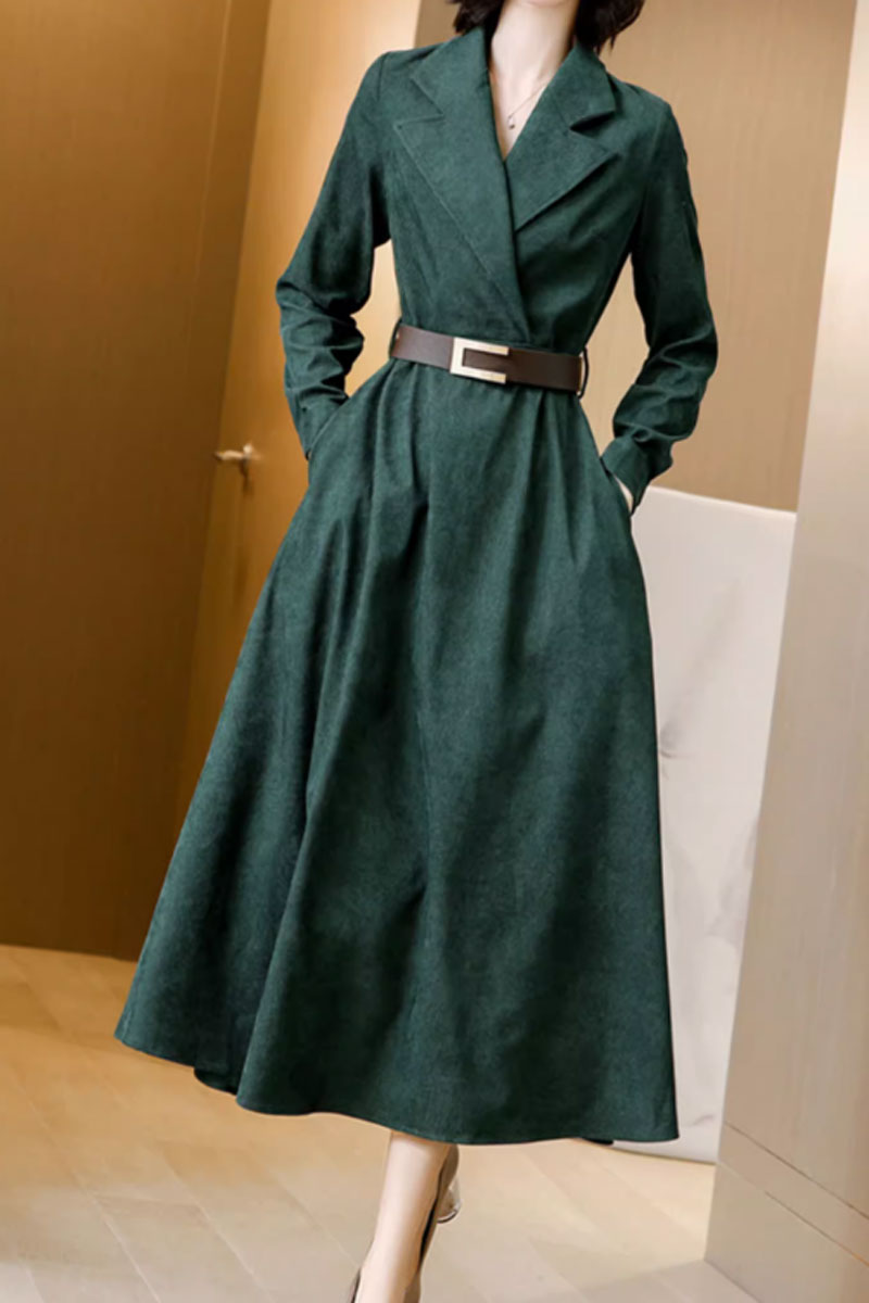 Long sleeves green corduroy winter dress women 4561 - green / S Long sleeves green corduroy winter dress women 4561 - green / S