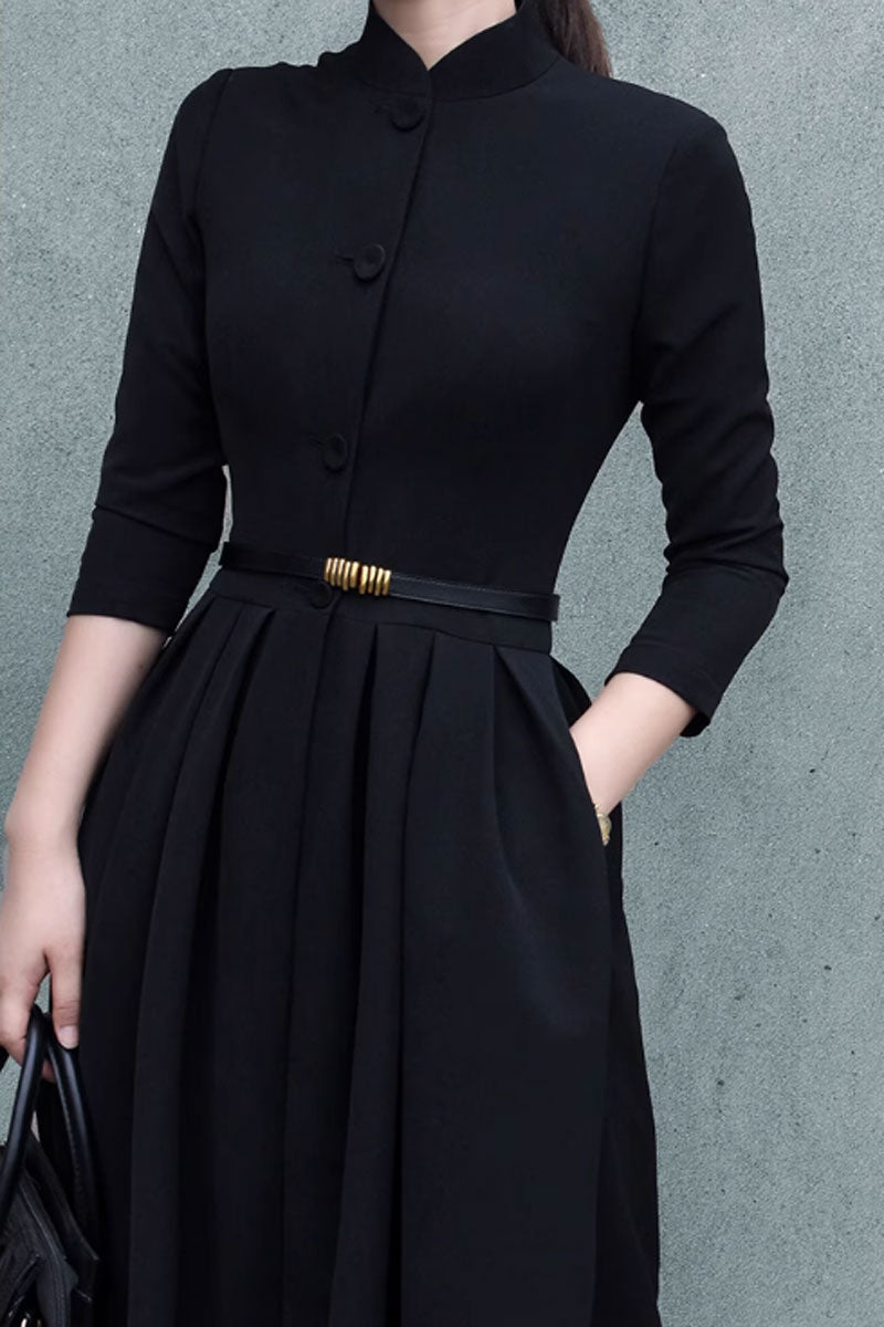 Black Polyester Fit and Flare Midi Dress with Pleated Skirt Black Polyester Fit and Flare Midi Dress with Pleated Skirt