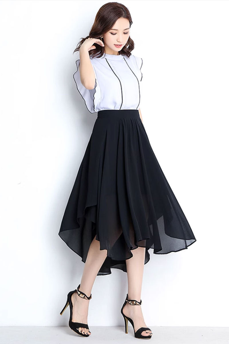 irregular black chiffon skirt women 4471