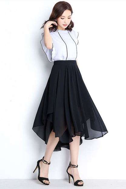 Black Chiffon Skirt - Irregular Hemline with Back Elastic Waist 4471