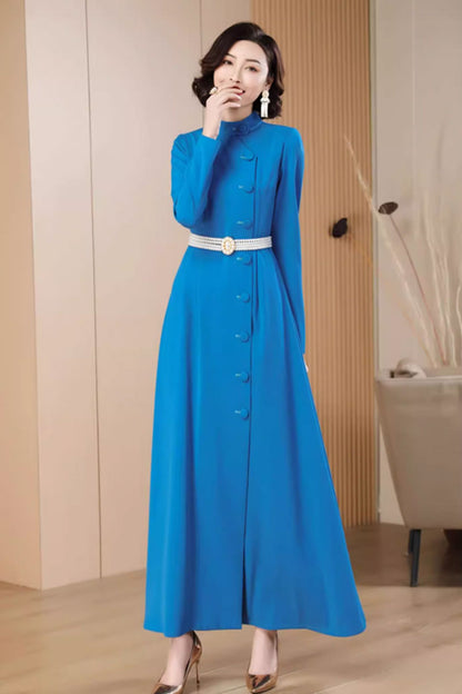 Blue Polyester Maxi Dress - Stand Up Neckline, Fit and Flare 4787