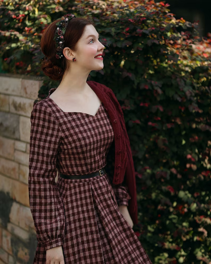 Retro Wool Plaid Dress – Elegant Long Sleeve Winter Midi Outfit 4139