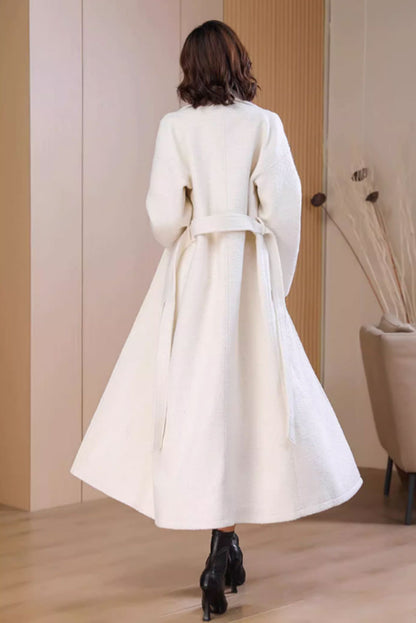 White Wool Long Coat - Belted Waist, Button Front Closure 4711