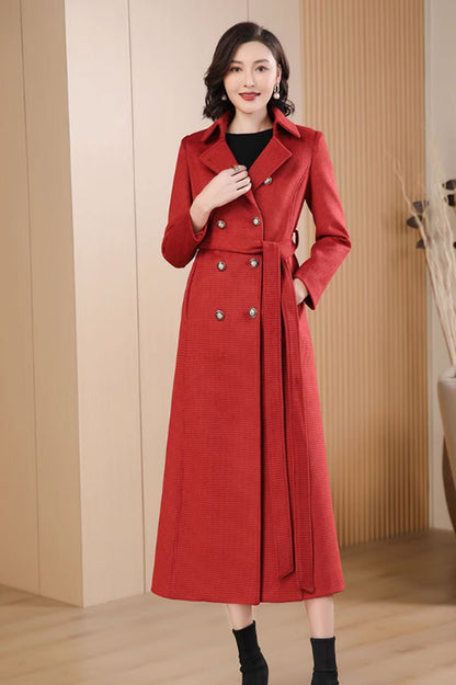 Red Wool Blend Long Coat - Double-Breasted with Belt Waist 4708