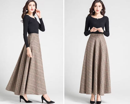 Checkered Wool Maxi Skirt - A-Line Silhouette with Pockets 4639-1