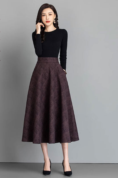 Burgundy Wool Midi Skirt - Vintage A-Line Silhouette 4641-4