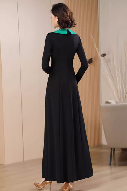 Black Polyester Maxi Dress - Fit and Flare with Lapel Collar 4786