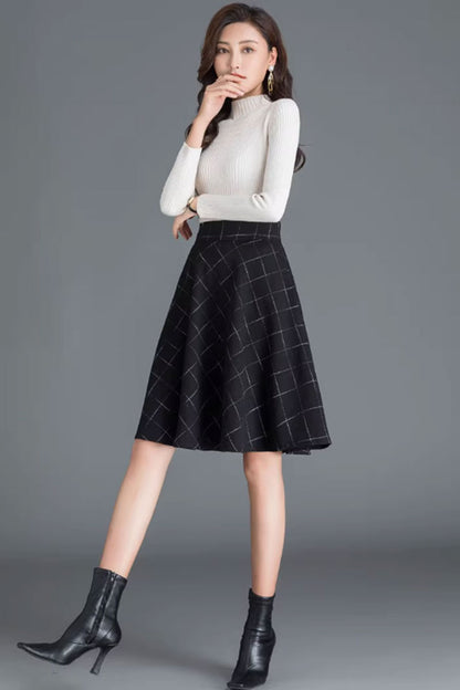 Black Wool Skater Skirt - Elegant A-Line Winter Essential 4655-4