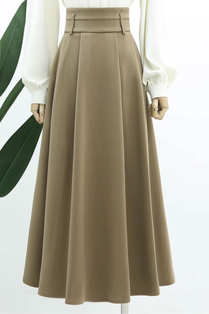 Rust Wool A-Line Skirt - Wide Waistband, Pleated Detail 4765