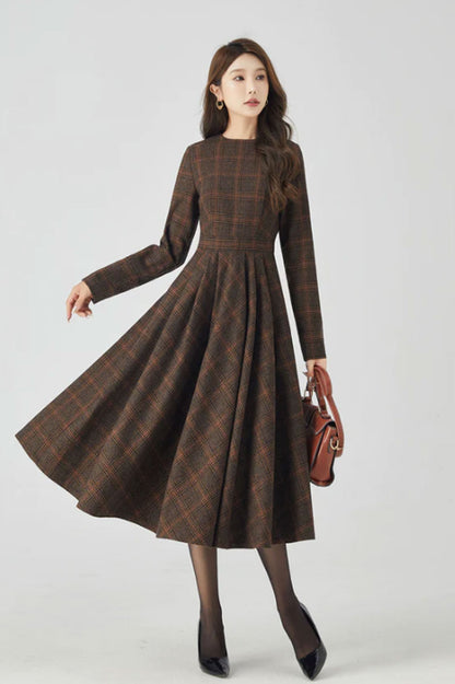 Retro Plaid Midi Dress Dark Brown Wool A-Line Silhouette 4523 Xiaolizi Retro Plaid Midi Dress Dark Brown Wool A-Line Silhouette 4523 Xiaolizi