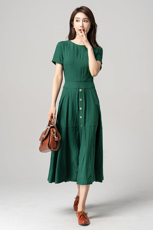 Vintage 1950s Green Linen Midi Dress 4191，170-US02 #CK2300225