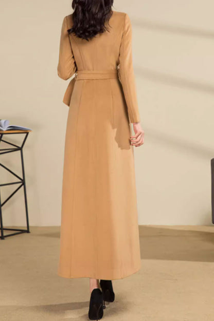 Camel Wool Long Coat - Asymmetrical Front with Tie Belt 4589