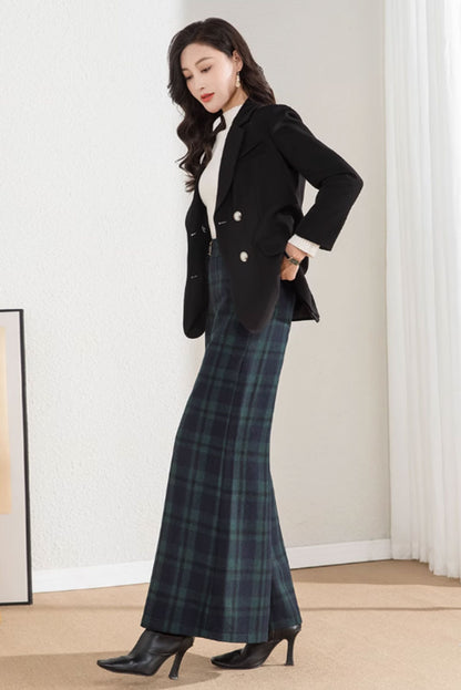 Black and Green Wool Wide Leg Pants - Plaid, Loose Fit 4658-1