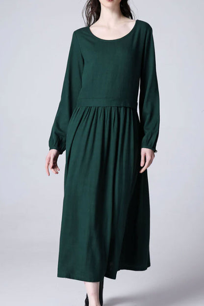 Green Linen Maxi Dress - Long Sleeve, Round Neck 1173