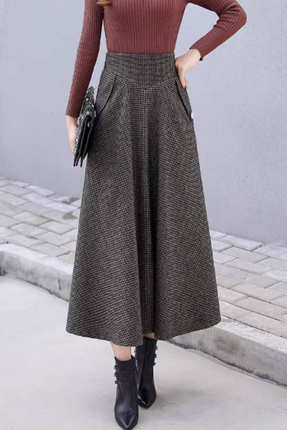 Black Gray Wool Midi Skirt - Striped A-Line with Pockets 4645-1