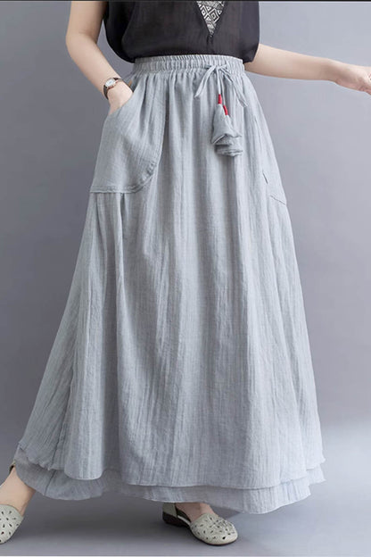Light Blue Linen Maxi Skirt - Drawstring Waist with Pockets 4343