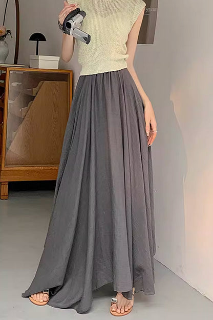 Gray Linen Maxi A-Line Skirt - Irregular Hemline, Elastic Waist 4365