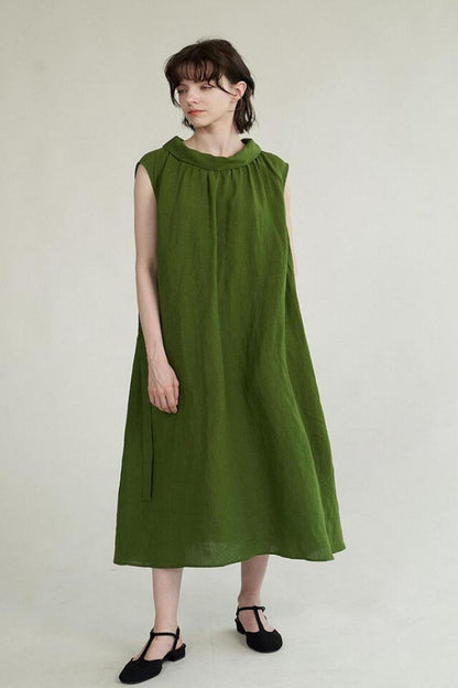 Army Green Linen Sleeveless Dress - Button Front, Lapel Collar 4310