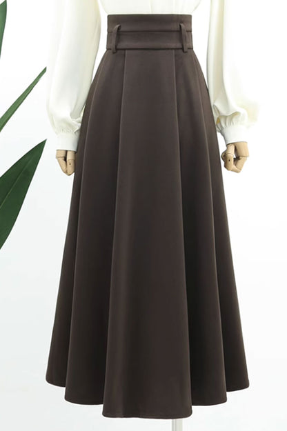 Rust Wool A-Line Skirt - Wide Waistband, Pleated Detail 4765