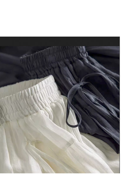 White Linen A-Line Skirt - High Waist Elastic Waistband 4362
