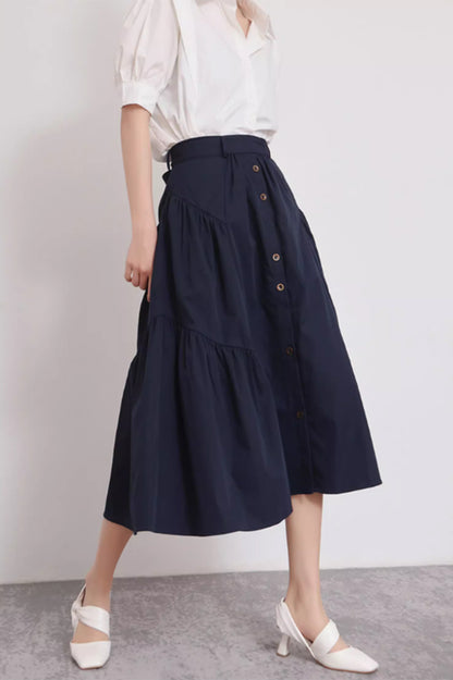 Navy Blue Polyester Midi Skirt - A-Line Tiered Ruffles 4874