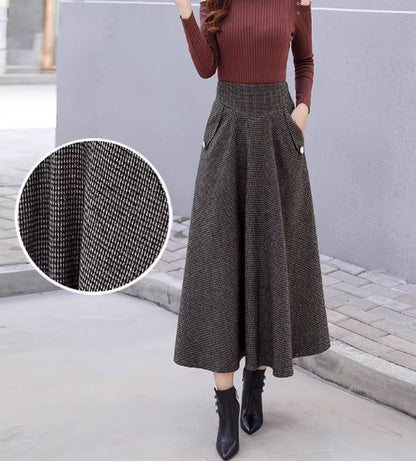 Black Gray Wool Midi Skirt - Striped A-Line with Pockets 4645-1