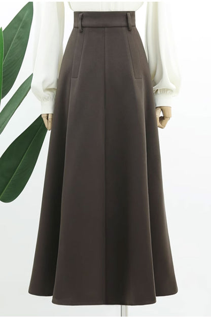 Black Wool A-Line Long Skirt - Pleated Elegant Winter Style 4764