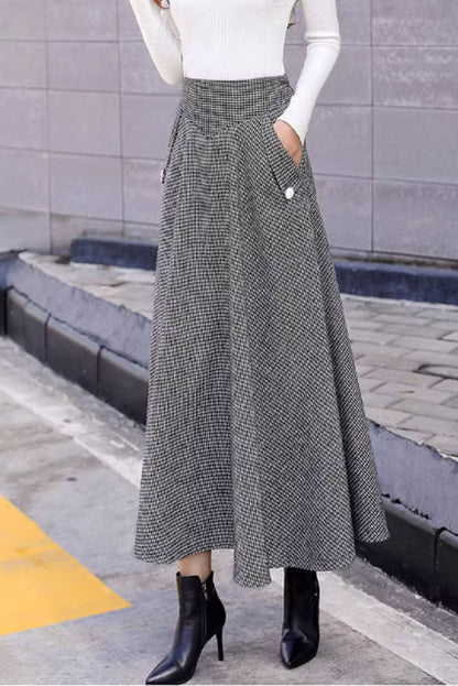 Black and White Wool Midi Skirt - Vintage A-Line with Pockets 4645-2