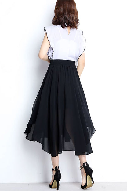 Black Chiffon Skirt - Irregular Hemline with Back Elastic Waist 4471