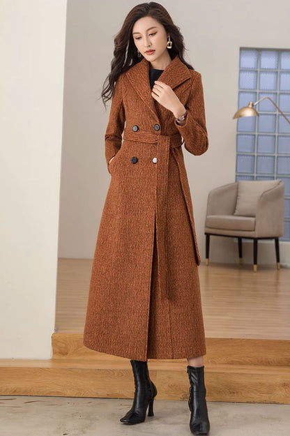 Tie belt winter long wool coat with lapel collar 4698