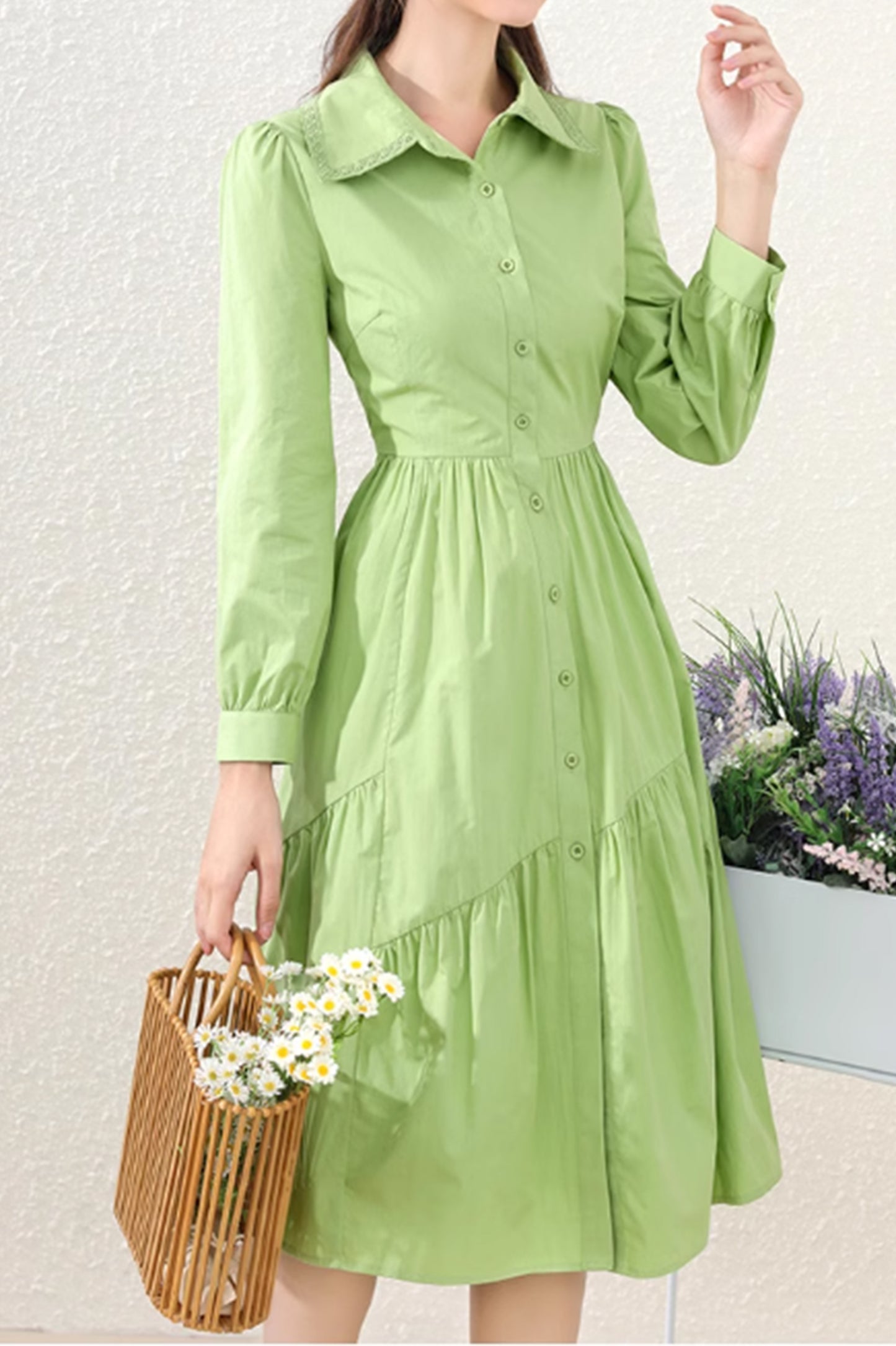 Green button up shirt dress women 4884