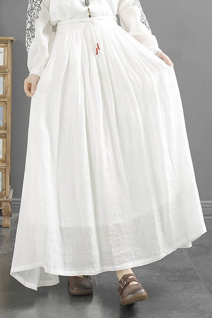 White Linen Maxi Skirt - Elastic Waist A-Line Flow 4345
