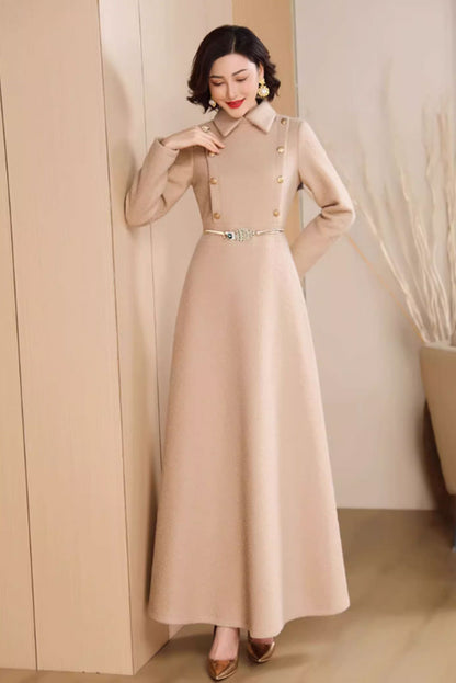Beige Wool Maxi Dress - High Waist, Long Sleeve 4710