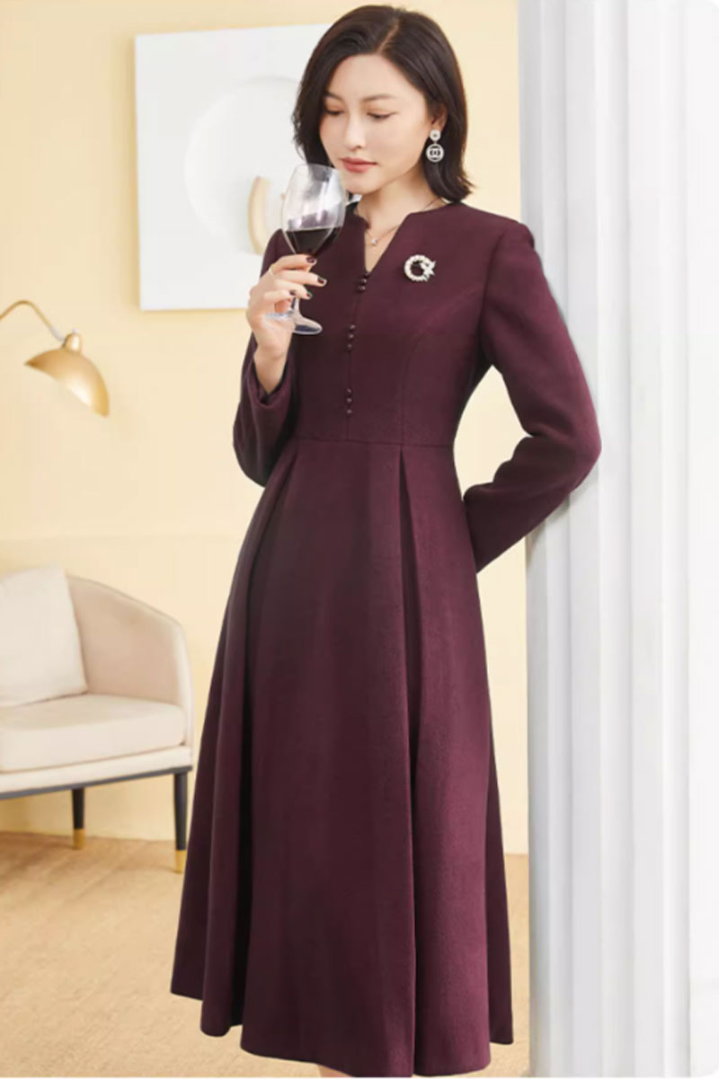 Fit and flare long wool dress women 4794