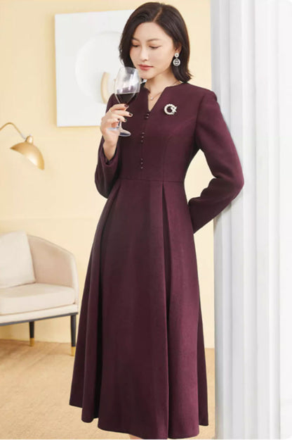 Burgundy Wool Midi Dress - Fit and Flare Silhouette 4794