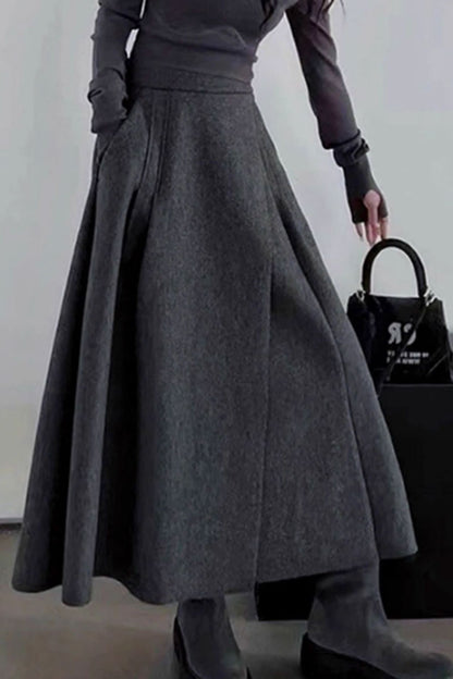 Gray Wool Maxi Skirt - A-Line Silhouette with Pockets 4757