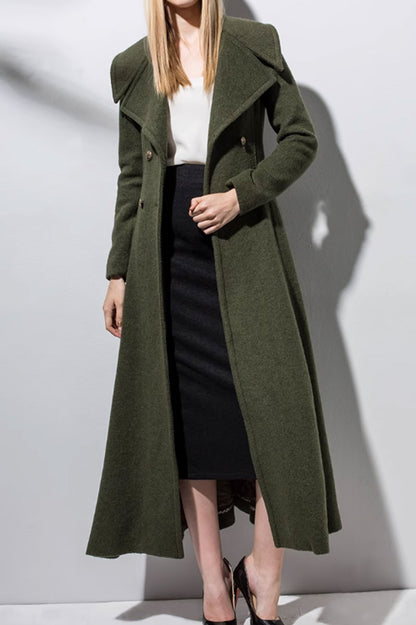 Army Green Wool Coat - Double Breasted, Long Sleeve Winter Elegance 4716