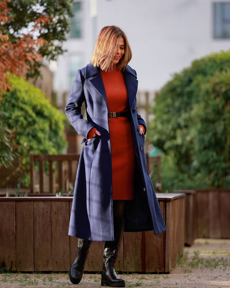 Belted navy blue warm long wool coat 4144