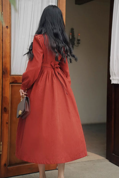Rust Red Midi Shirt Dress - Long Sleeve Lapel | Xiaolizi 4803