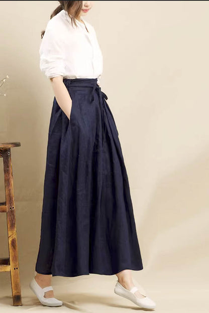 Navy Linen Maxi Skirt - Elastic Waist A-Line with Pockets 4357