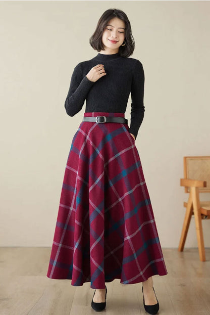 Burgundy Wool Maxi Skirt - Plaid, Full, Ankle Length 4618