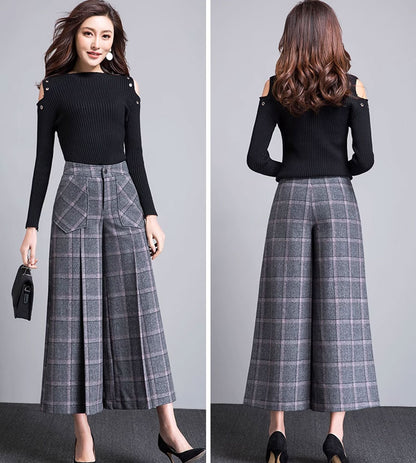 Gray Wool Midi Wide Leg Pants - Plaid, Loose Fit 4659