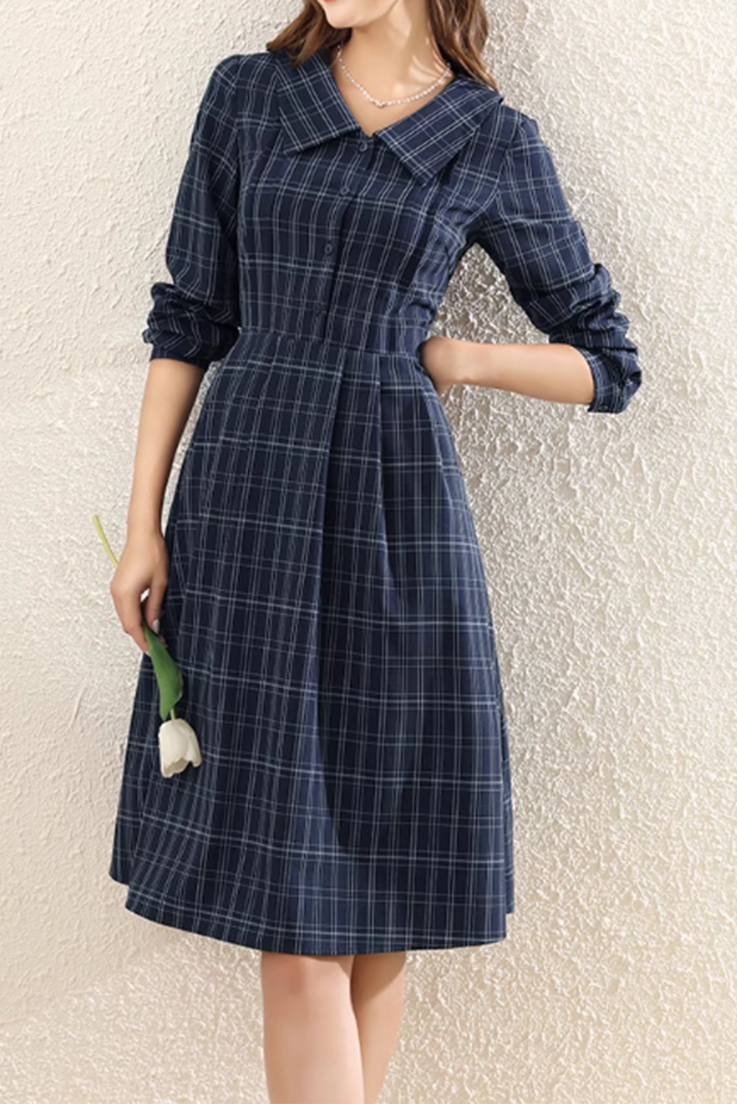 Blue Polyester Midi Dress with Plaid Pattern and Lapel Collar – Xiaolizi