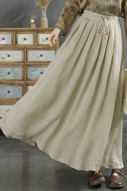 White Linen Maxi Skirt - Elastic Waist A-Line Flow 4345