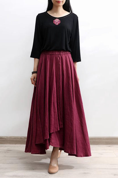 Burgundy Linen Cotton Maxi Skirt - Asymmetrical Soft Flow 4301