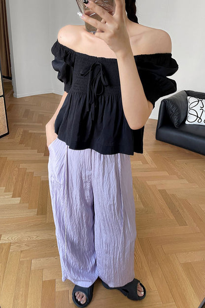 White Polyester Cotton Wide Leg Pants - Back Elastic Waist with Belt 4379