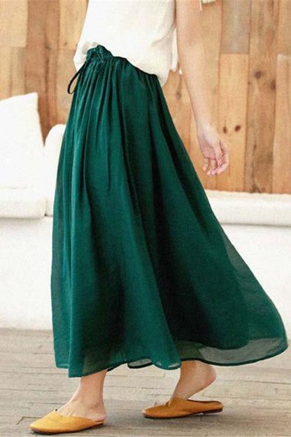 Feminine A-Line Linen Skirt – Dark Green Summer Maxi – 4370