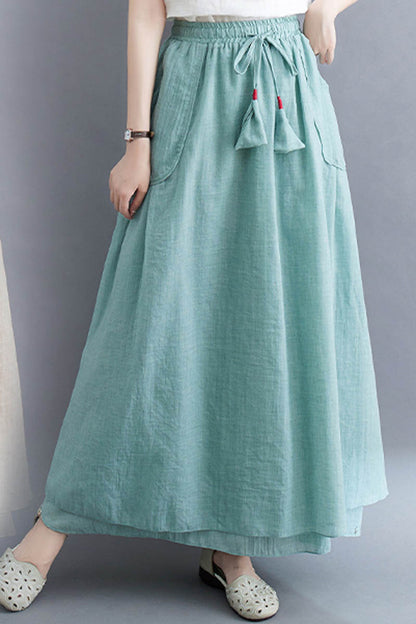 Light Blue Linen Maxi Skirt - Drawstring Waist with Pockets 4343